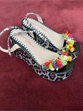 Betsey Johnson fruit charm cheetah print platform sandals
